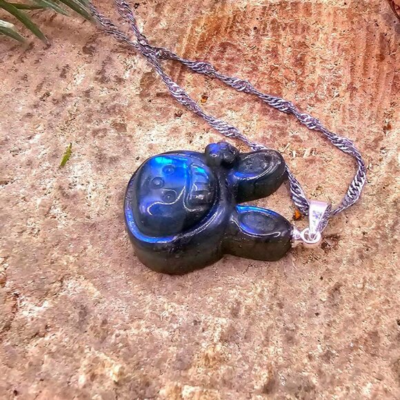 Nature Labradorite Carved Flashy Cute Rabbit Girl Pendant Necklace - Picture 9 of 10